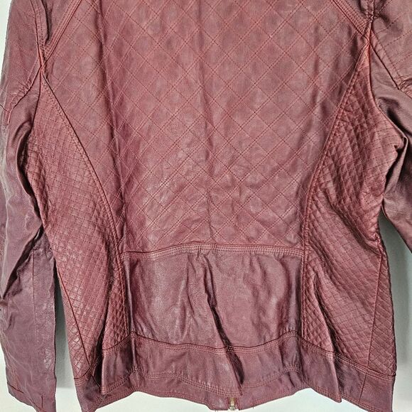 Vintage Guess '90s Burgundy Faux Leather Mandarin Neck Quilted Moto Jacket XL - Picture 15 of 16